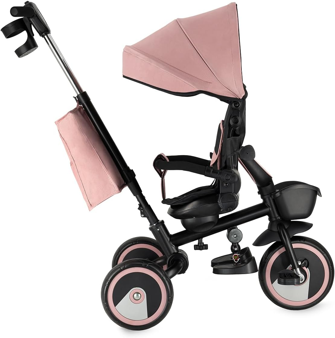 Ein rosafarbenes und schwarzes Dreirad für Kinder mit Verdeck, Sitz und Aufbewahrungskorb.