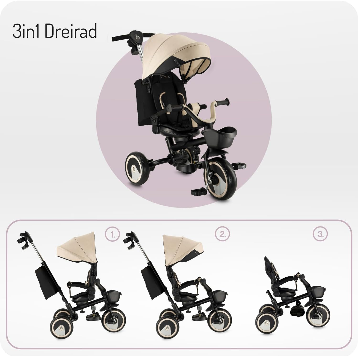 Ein schwarzer und beiger 3-in-1-Dreirad wird gezeigt, mit drei verschiedenen Konfigurationen.