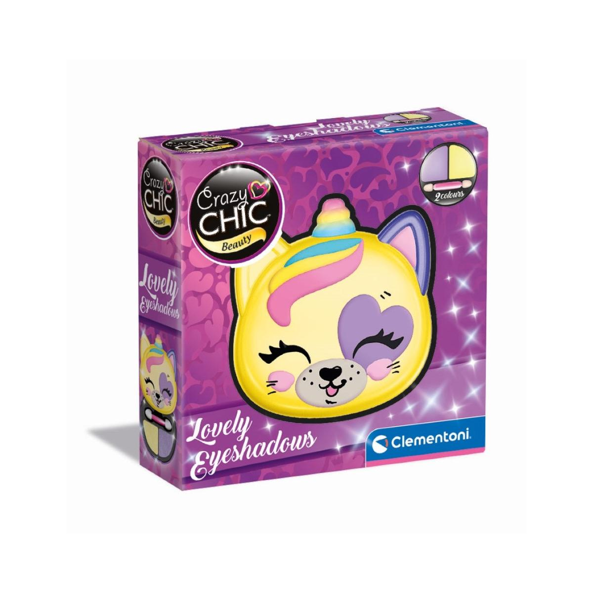 Una scatola di palette per ombretti gialla a forma di gatto con accenti viola e marchio 'Crazy Chic'.