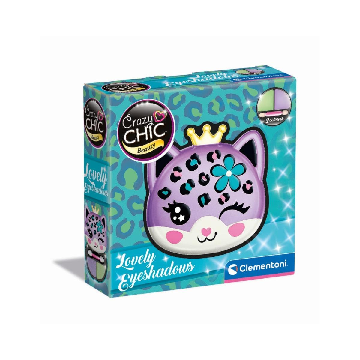 Scatola ombretti Crazy Chic con viso di gatto viola, corona e fiore blu.