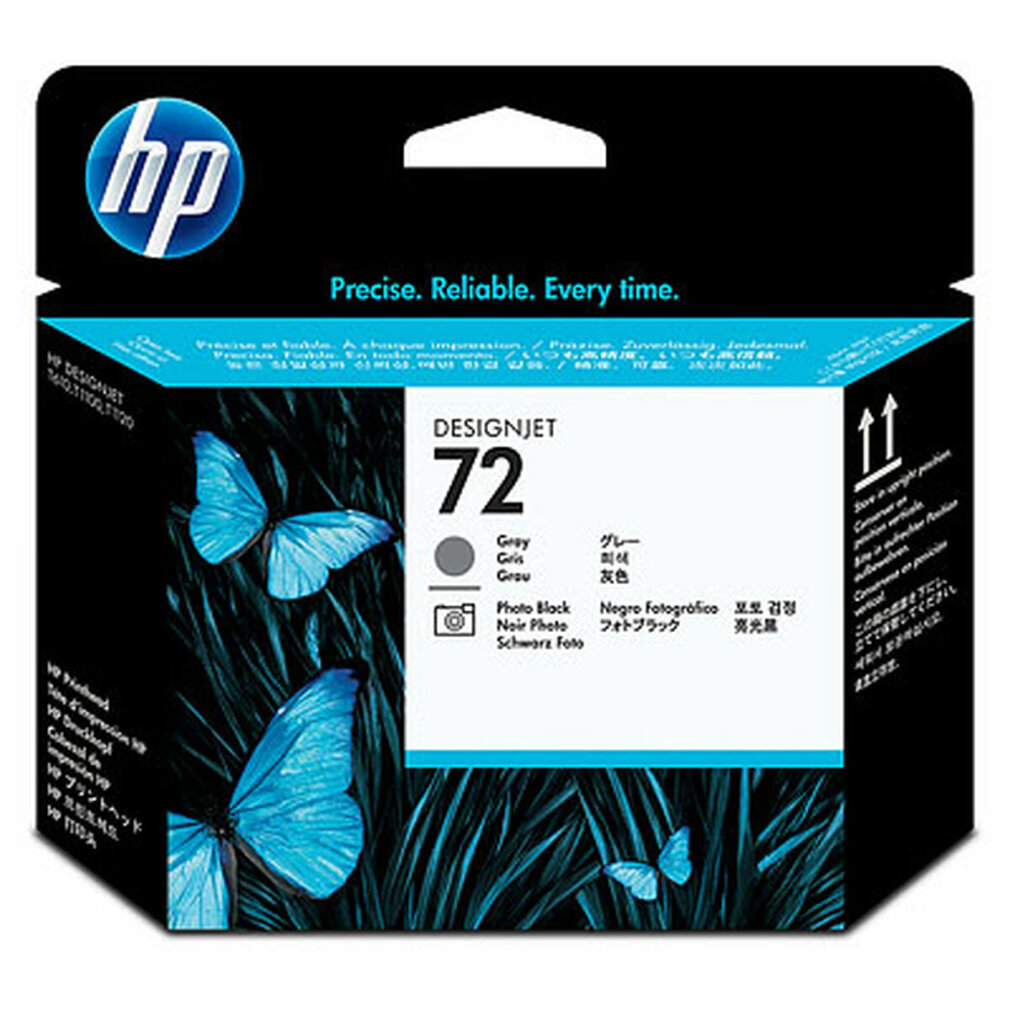 Mavi kelebekler ve metin içeren HP DesignJet 72 mürekkep kartuşu kutusu.