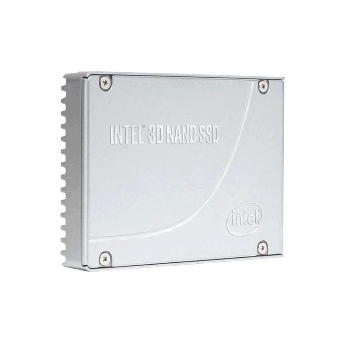 Un SSD Intel 3D NAND argentato con alette del dissipatore sul lato.