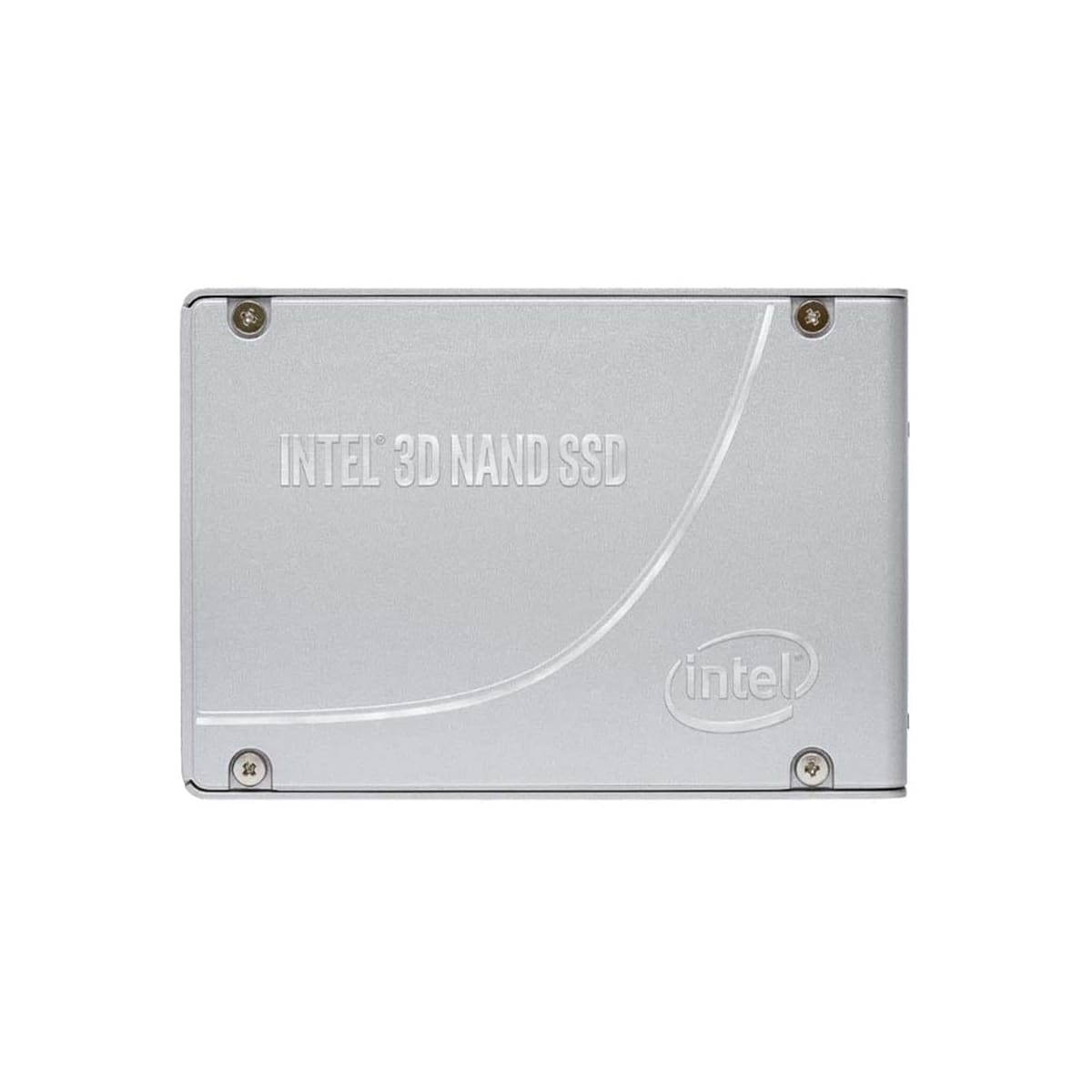 SSD Intel 3D NAND argentato con testo inciso e logo Intel su sfondo bianco.