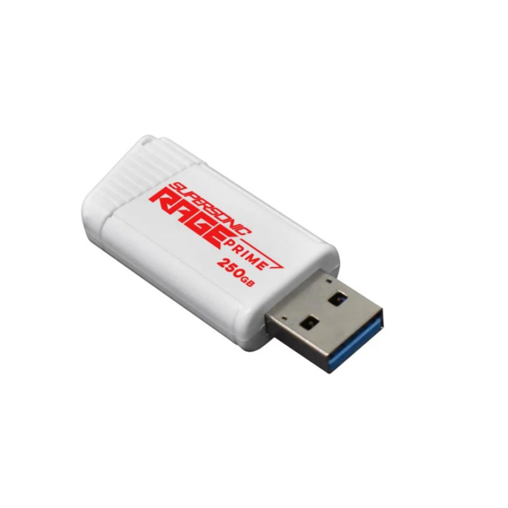 Biały pendrive USB z czerwonym napisem "RAGE PRIME 250GB". Widoczny złącze USB-A.