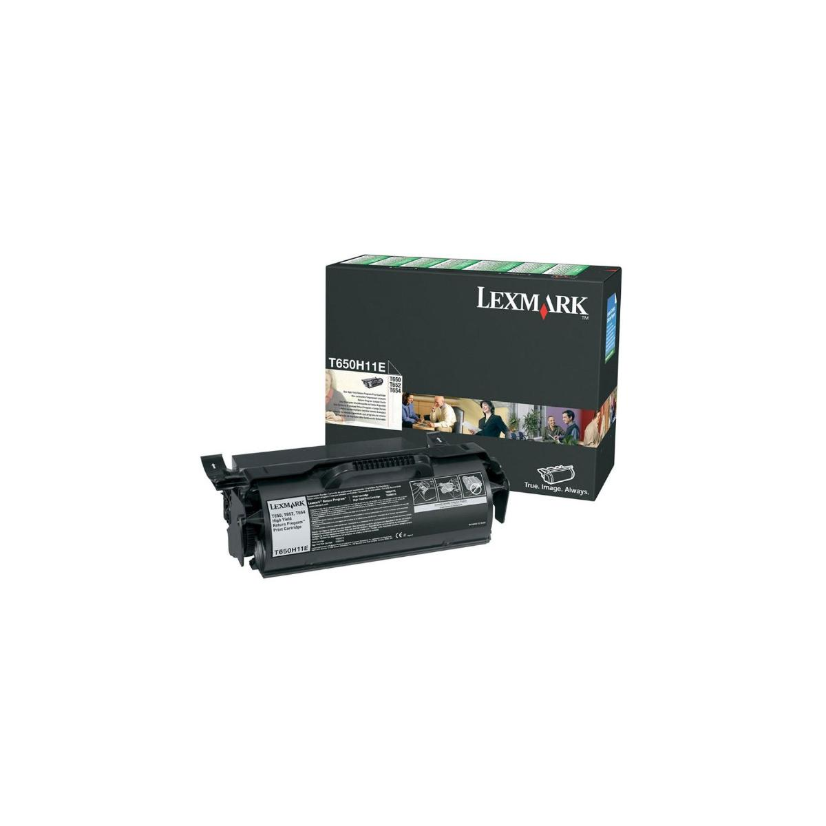Una cartuccia toner Lexmark T650H11E con la sua scatola. La scatola è nera con strisce verdi.