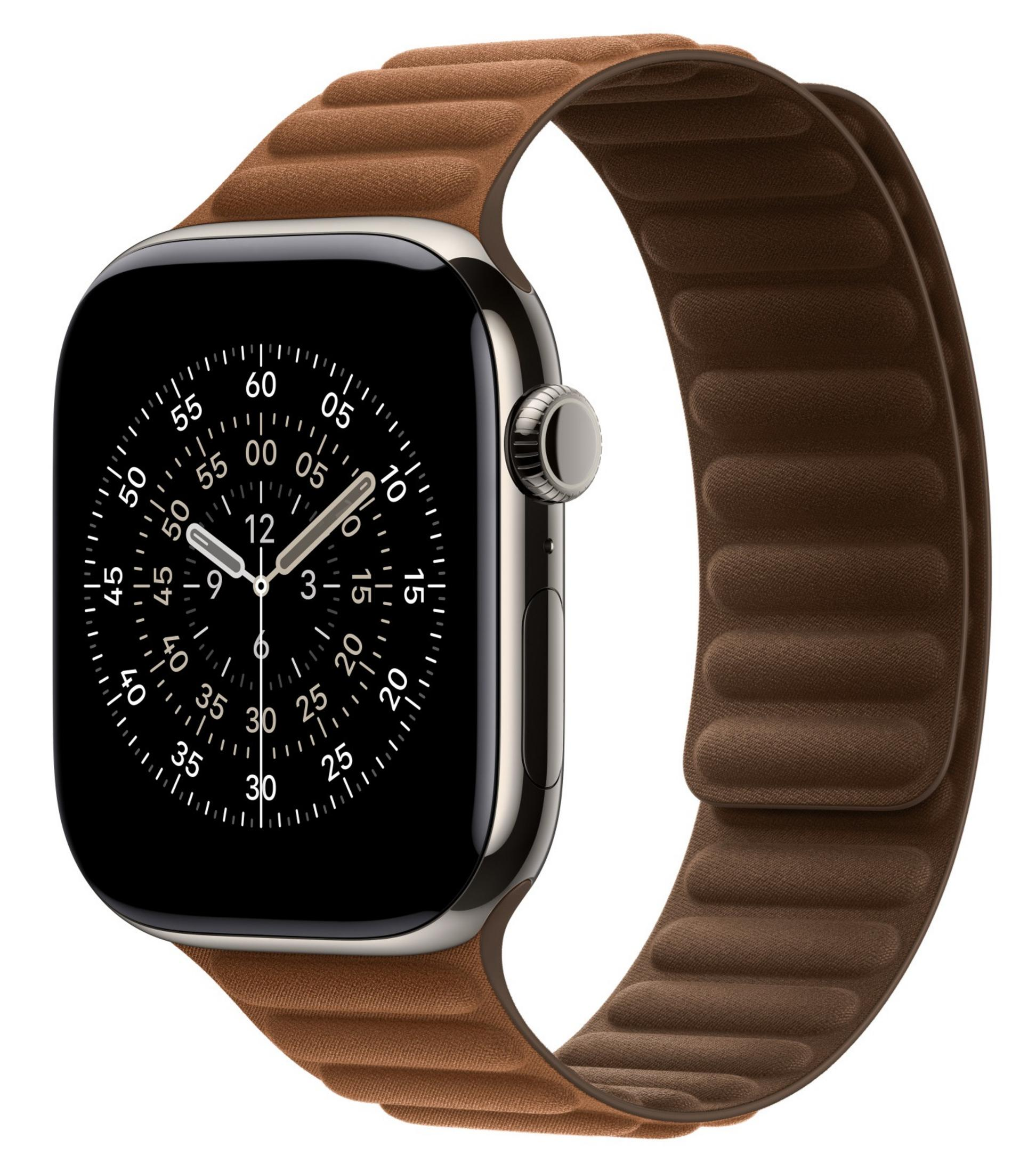 Uno smartwatch con cinturino marrone e quadrante analogico.