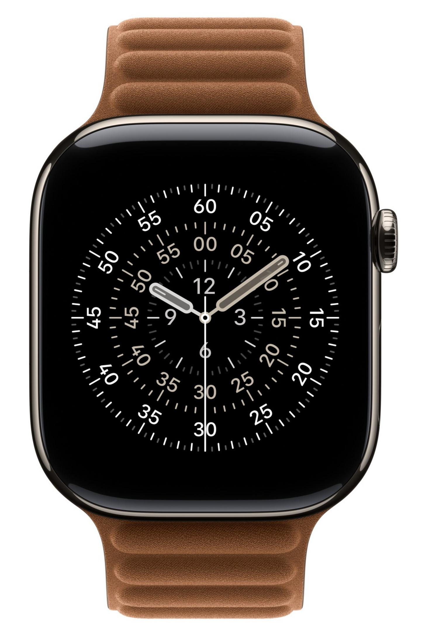 Uno smartwatch con schermo nero che mostra un quadrante analogico bianco e cinturino in pelle marrone.