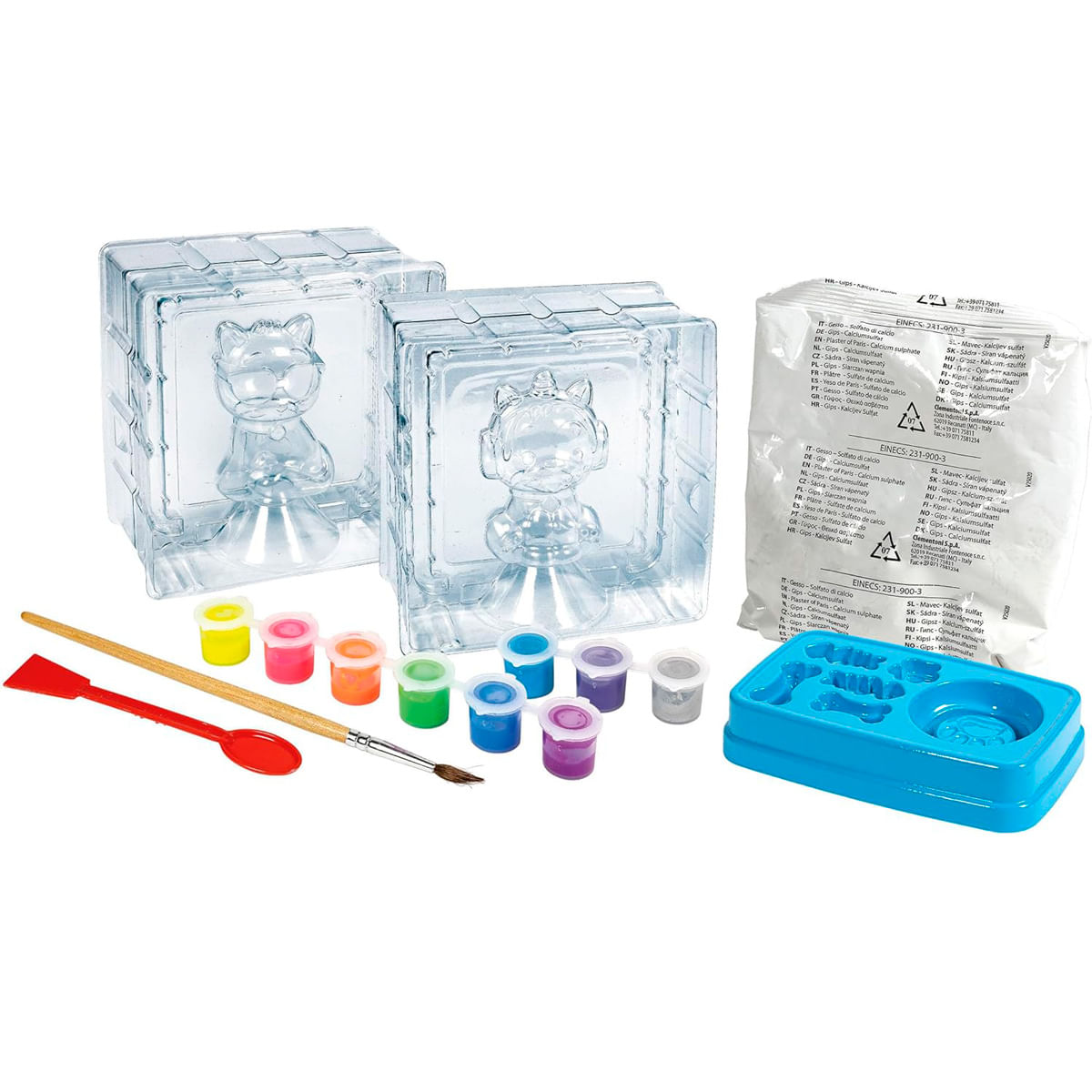 Kit de manualidades con yeso, pinturas, moldes y herramientas.