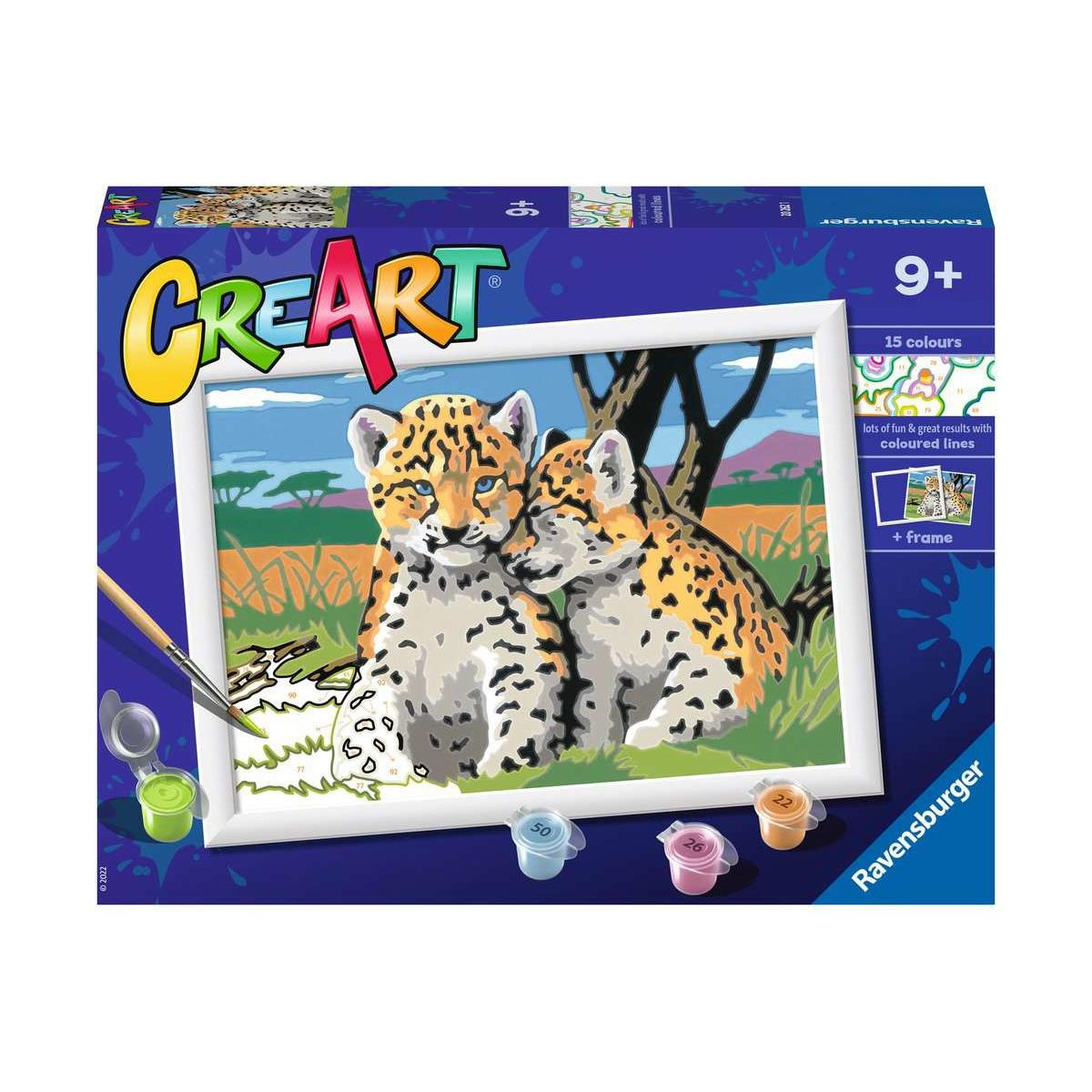 Un kit Ravensburger CREART pittura per numeri con due cuccioli e una cornice.