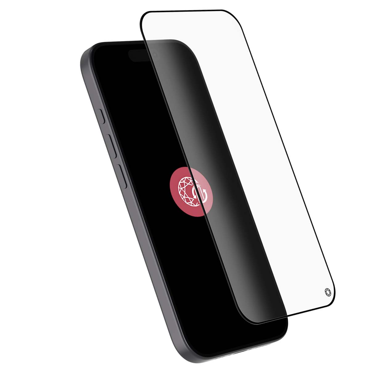 Een zwarte smartphone met een schermprotector die het scherm gedeeltelijk bedekt.