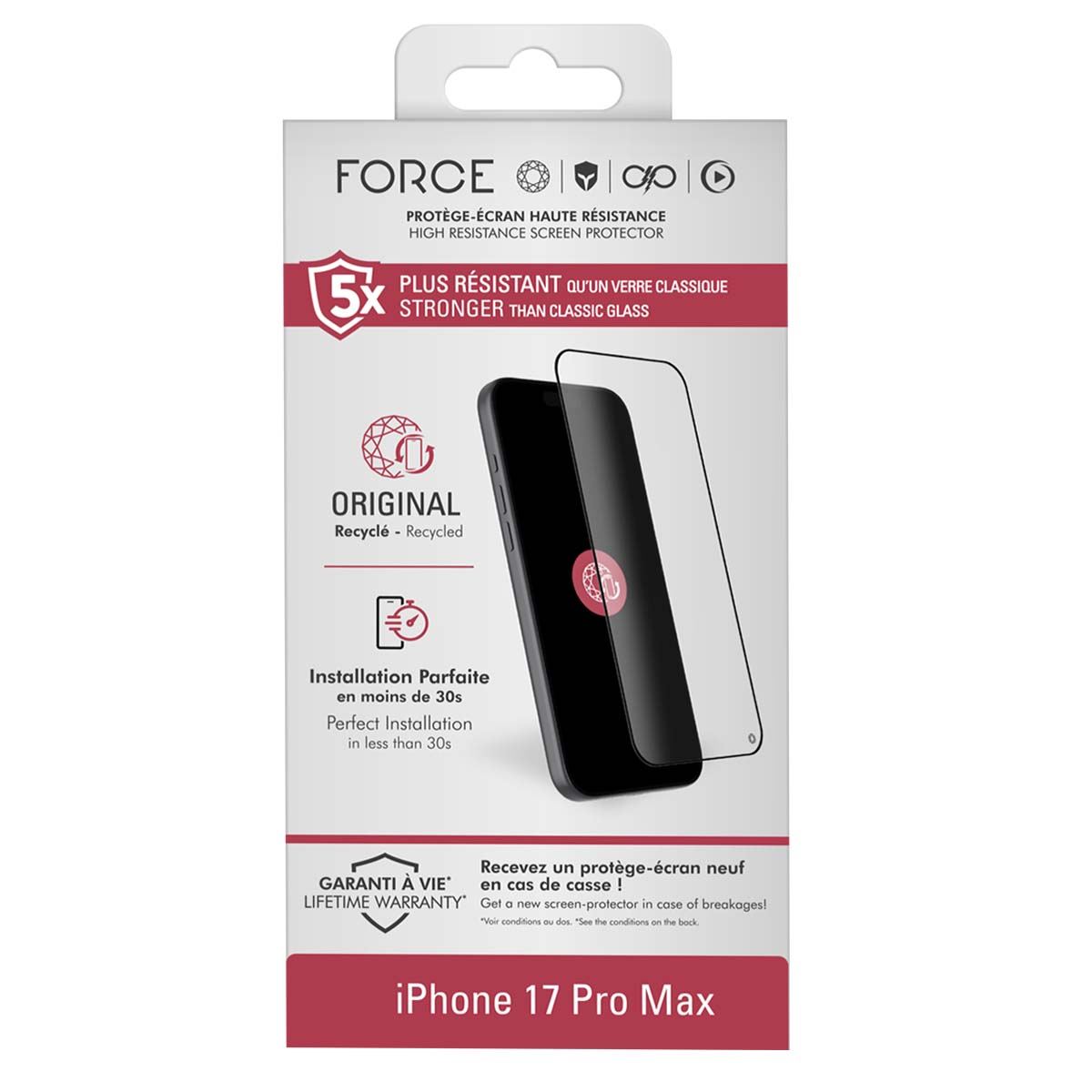 Verpakking iPhone 17 Pro Max screenprotector. Met FORCE-logo, '5x sterker'-claim en productdetails.