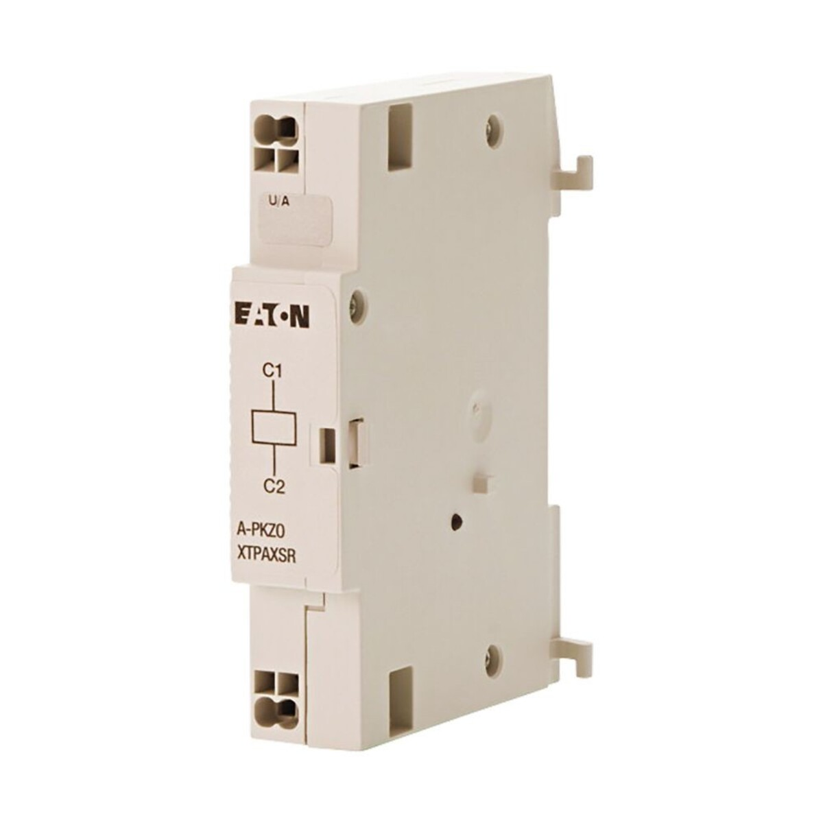 Un componente elettrico Eaton beige con morsetti e etichette come "EAT-ON" e "A-PKZO".