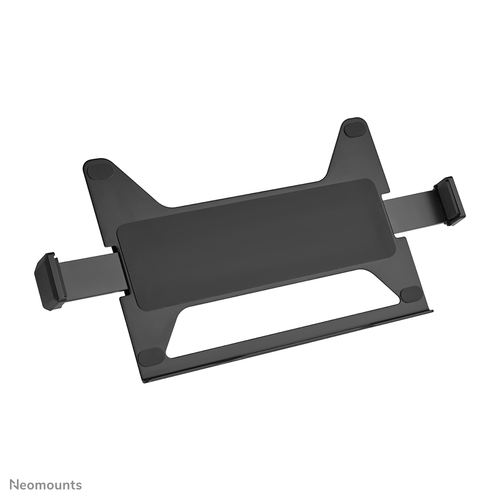 Black adjustable laptop stand with rubber feet and extendable arms.