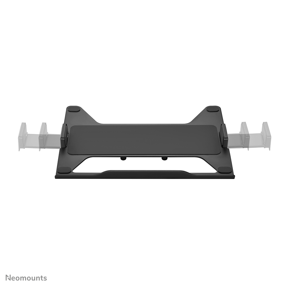 Black laptop stand with extendable, transparent side supports on a white background.
