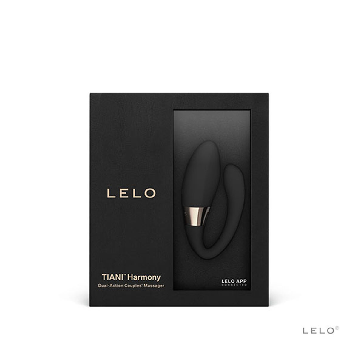 Masajeador negro LELO Tiani Harmony de doble acción para parejas en caja negra.