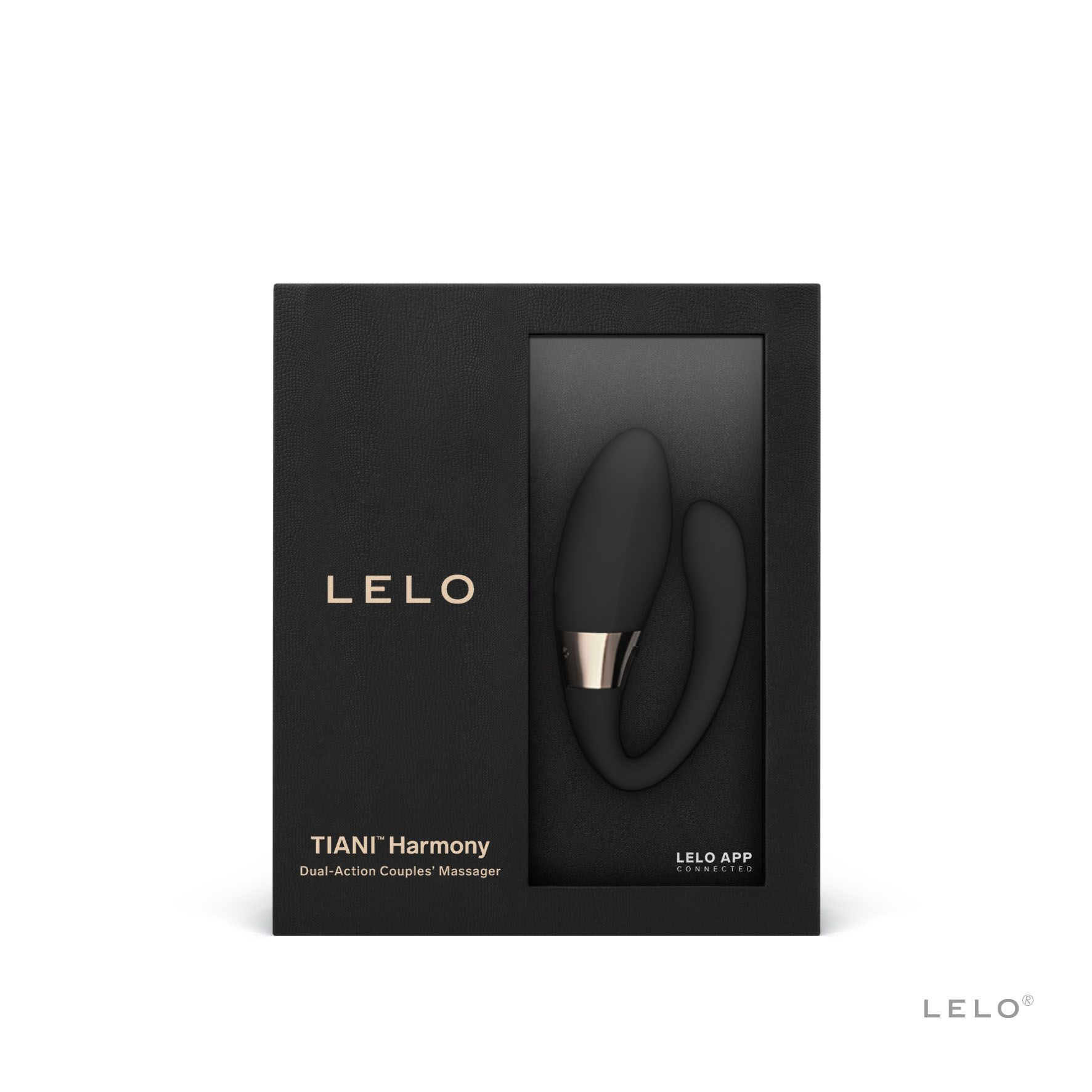 Masajeador negro LELO Tiani Harmony de doble acción para parejas en caja negra texturizada.