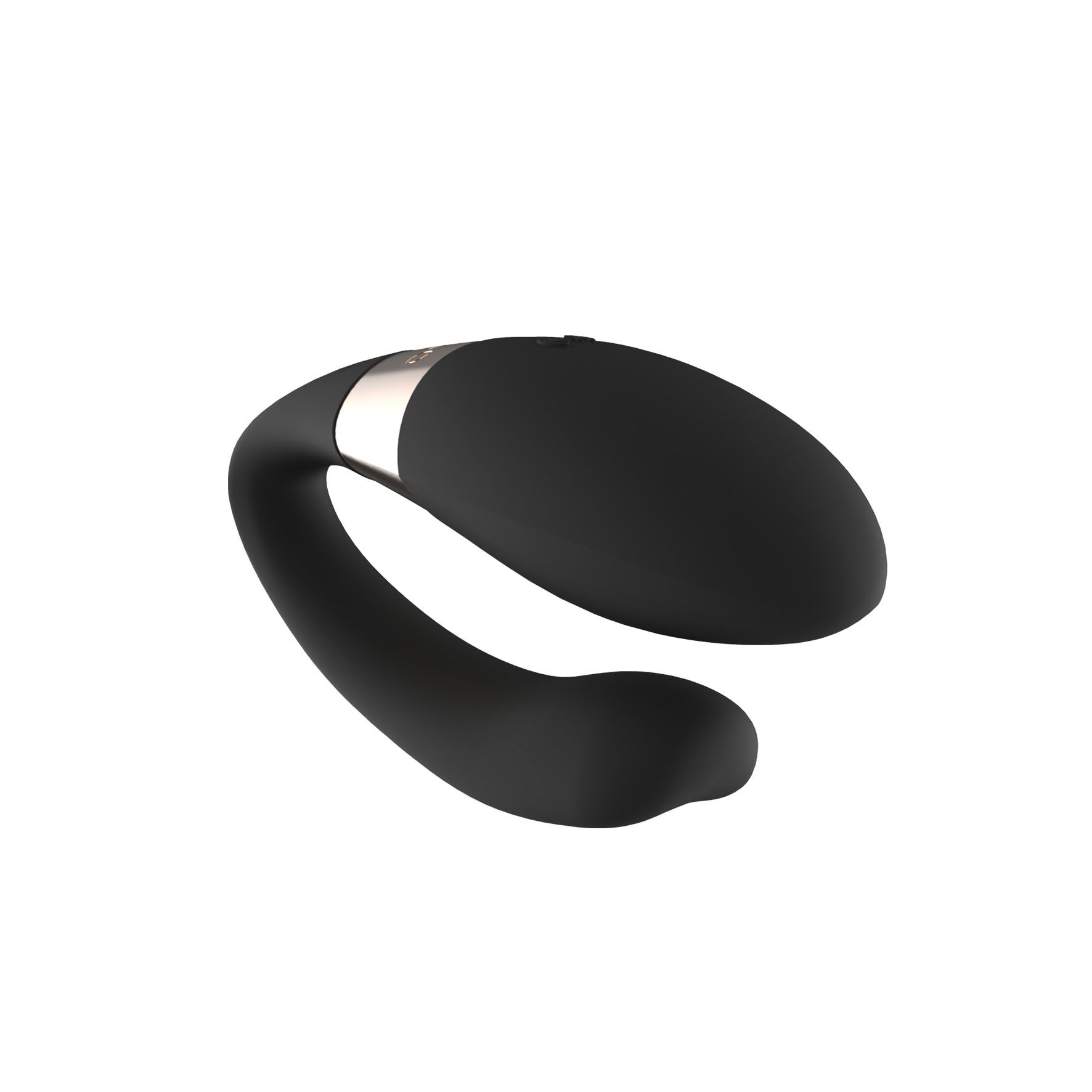 Un vibrador negro y curvo con anillo plateado y controles. Aislado en blanco.