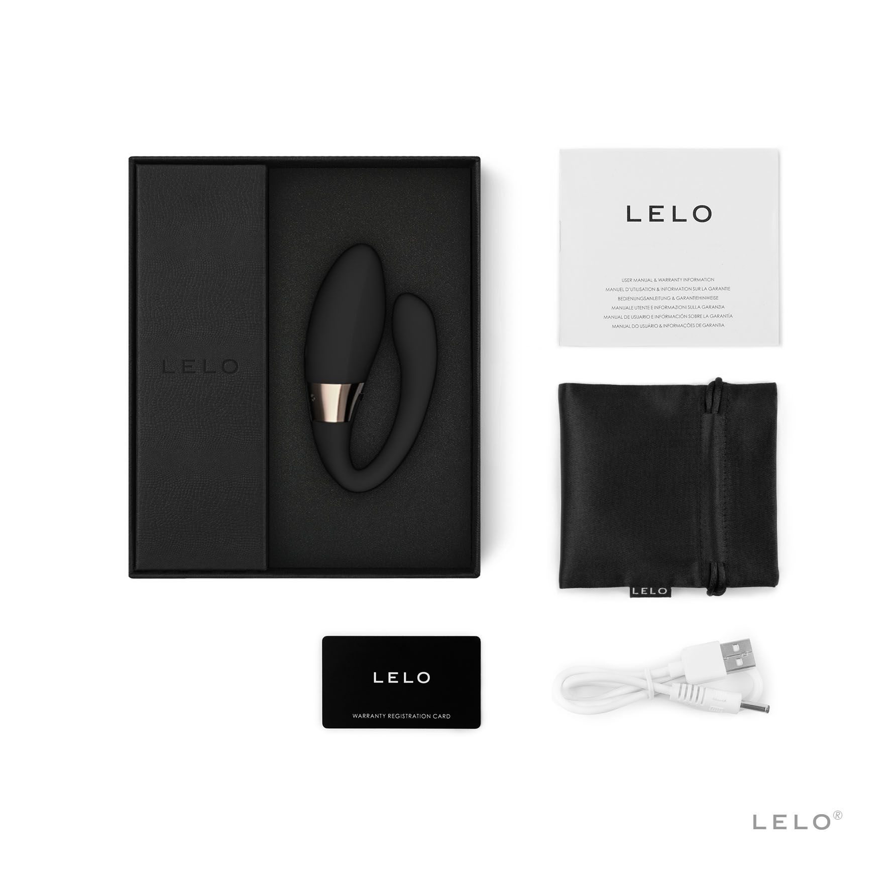 Un set de producto Lelo con un vibrador negro, manual, tarjeta de garantía, bolsa y cargador.