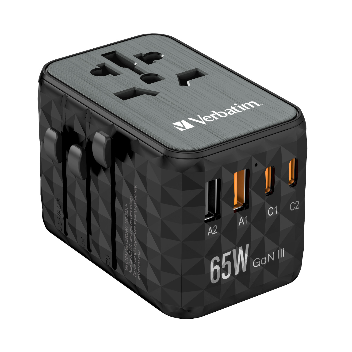 Adattatore da viaggio Verbatim nero 65W GaN III con più porte e spine retrattili per USA, UK, UE.