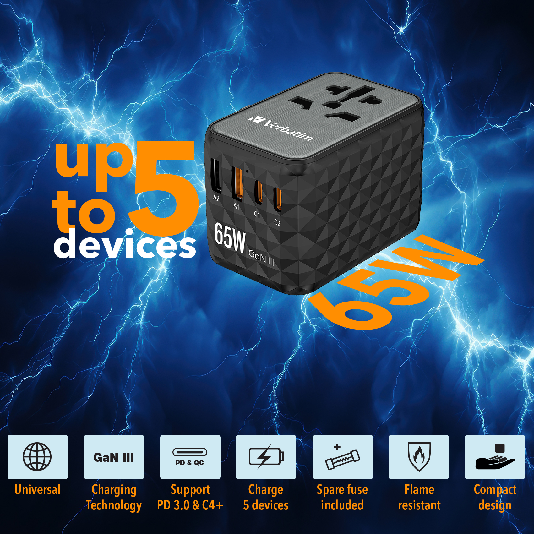 Caricatore Verbatim 65W GaN III con 4 porte, adattatore universale, carica fino a 5 dispositivi.