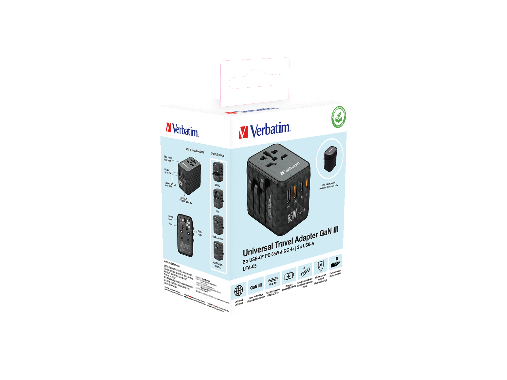 Adattatore da viaggio universale Verbatim GaN III con 2x USB-C e 2x USB-A. Include custodia da viaggio.