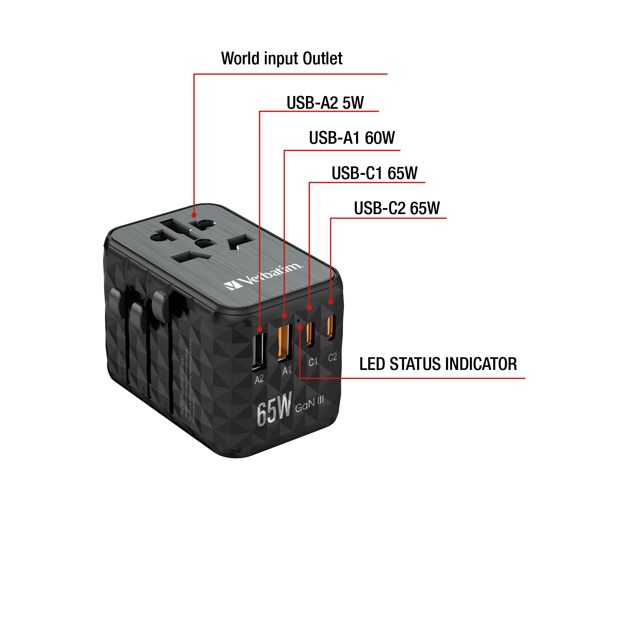 Adattatore da viaggio Verbatim nero con presa universale, 2 porte USB-A, 2 USB-C.