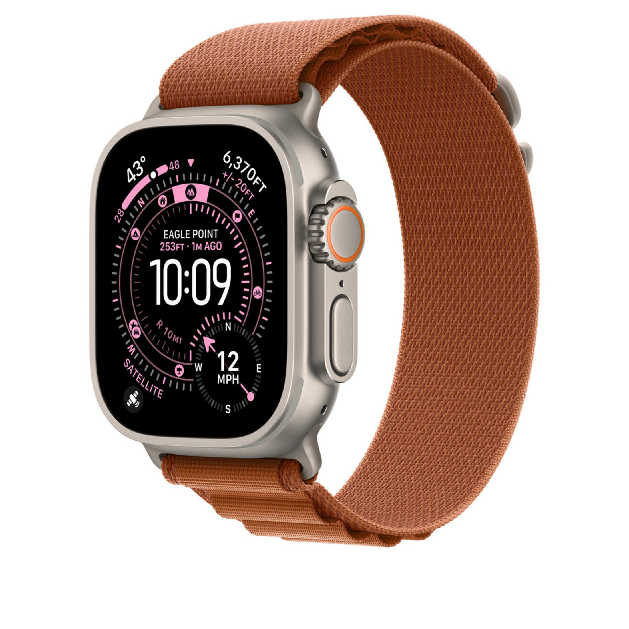 Szary smartwatch z brązową opaską materiałową, wyświetla 10:09 i dane o wysokości.