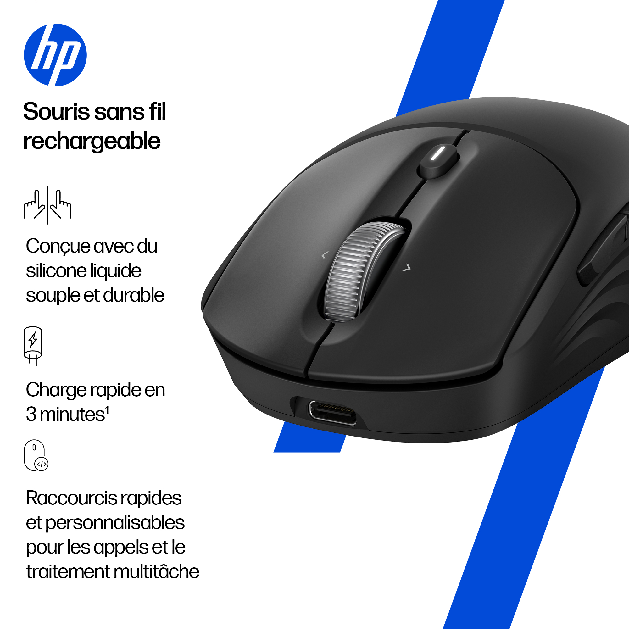 Zwarte draadloze oplaadbare HP muis met USB-C poort, scrollwiel en zijtoetsen.
