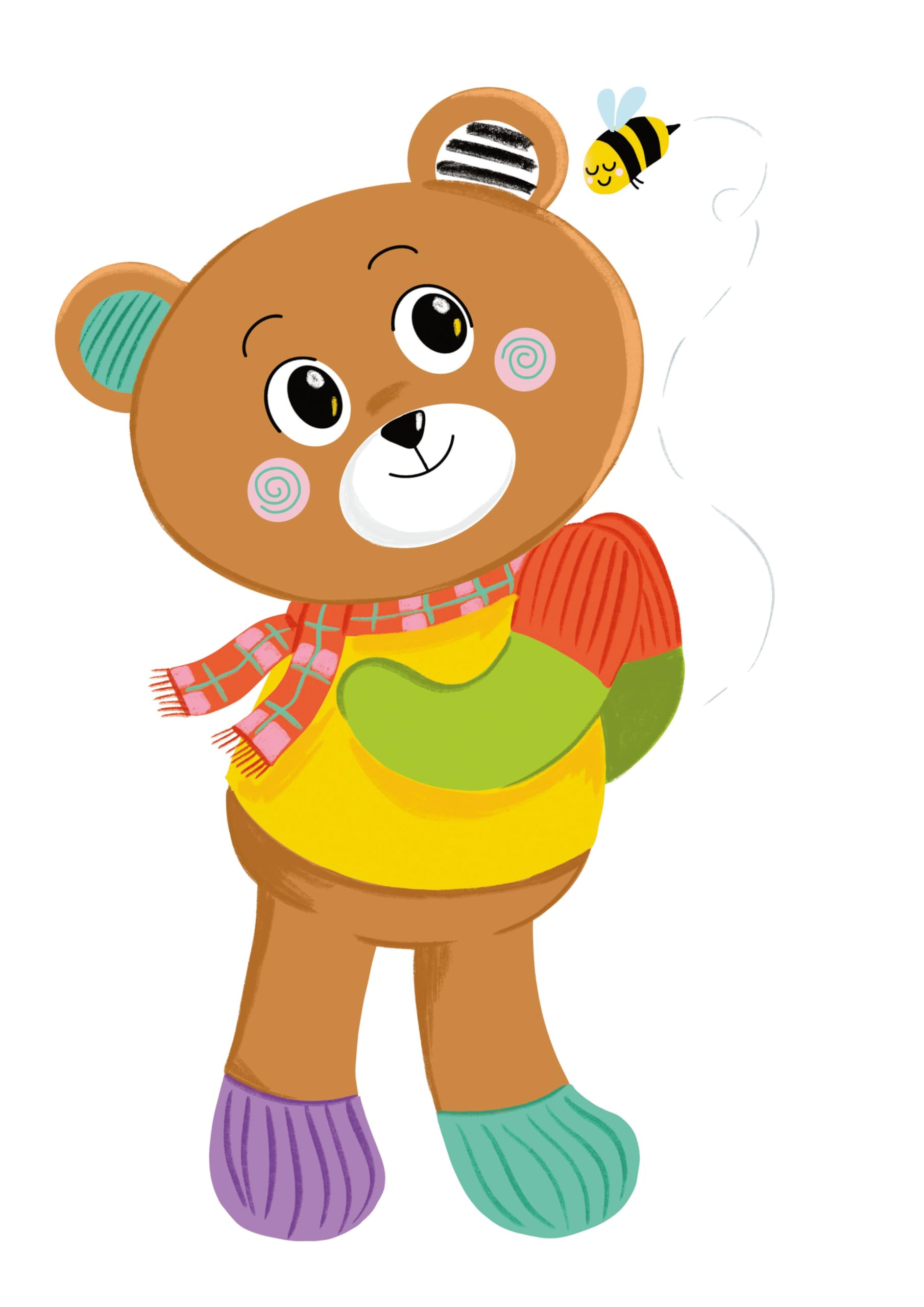 Un orsacchiotto marrone con sciarpa e maglione colorati, e un'ape vicina.