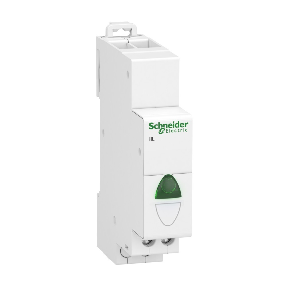Interruttore Schneider Electric bianco con spia verde.