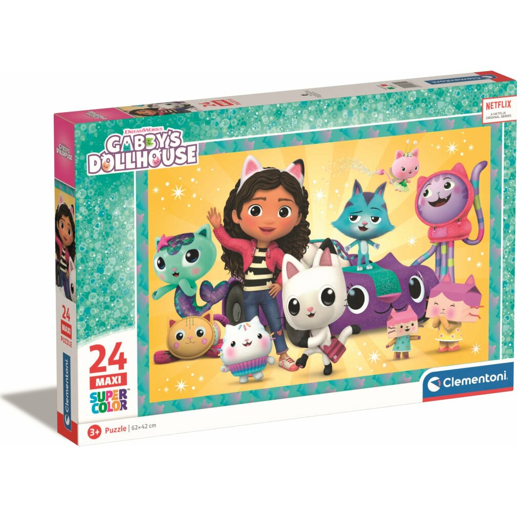 Gabby e i suoi amici gatti sono raffigurati su una colorata scatola di puzzle.