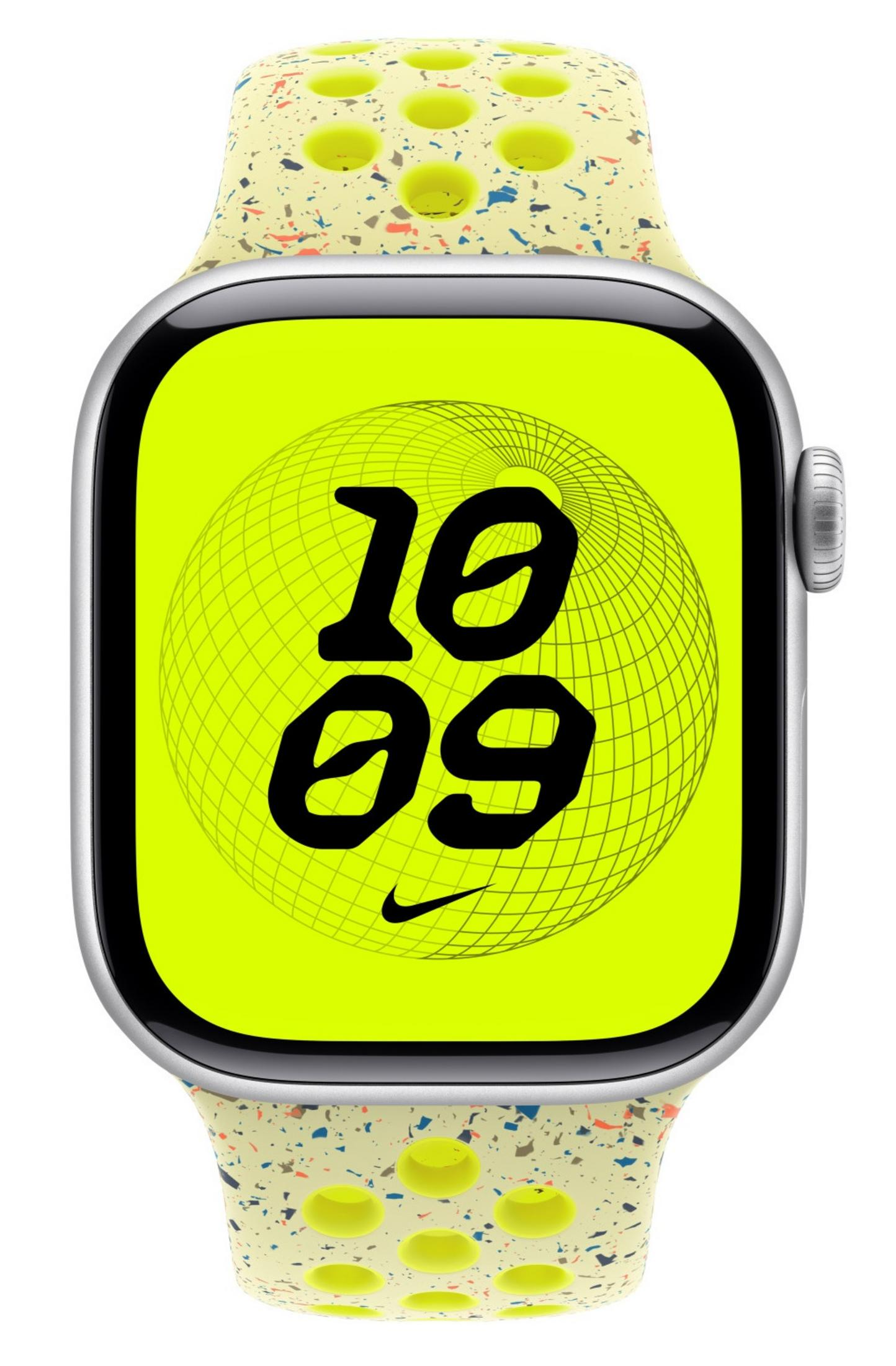 Un smartwatch con banda amarilla moteada muestra 10:09 en pantalla verde neón.