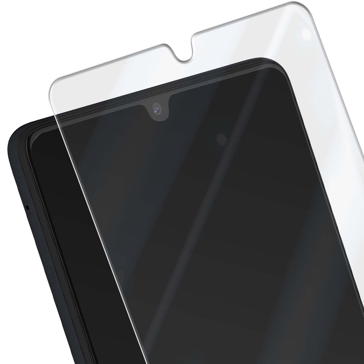 Un protecteur d'écran transparent est placé sur un écran de smartphone sombre.