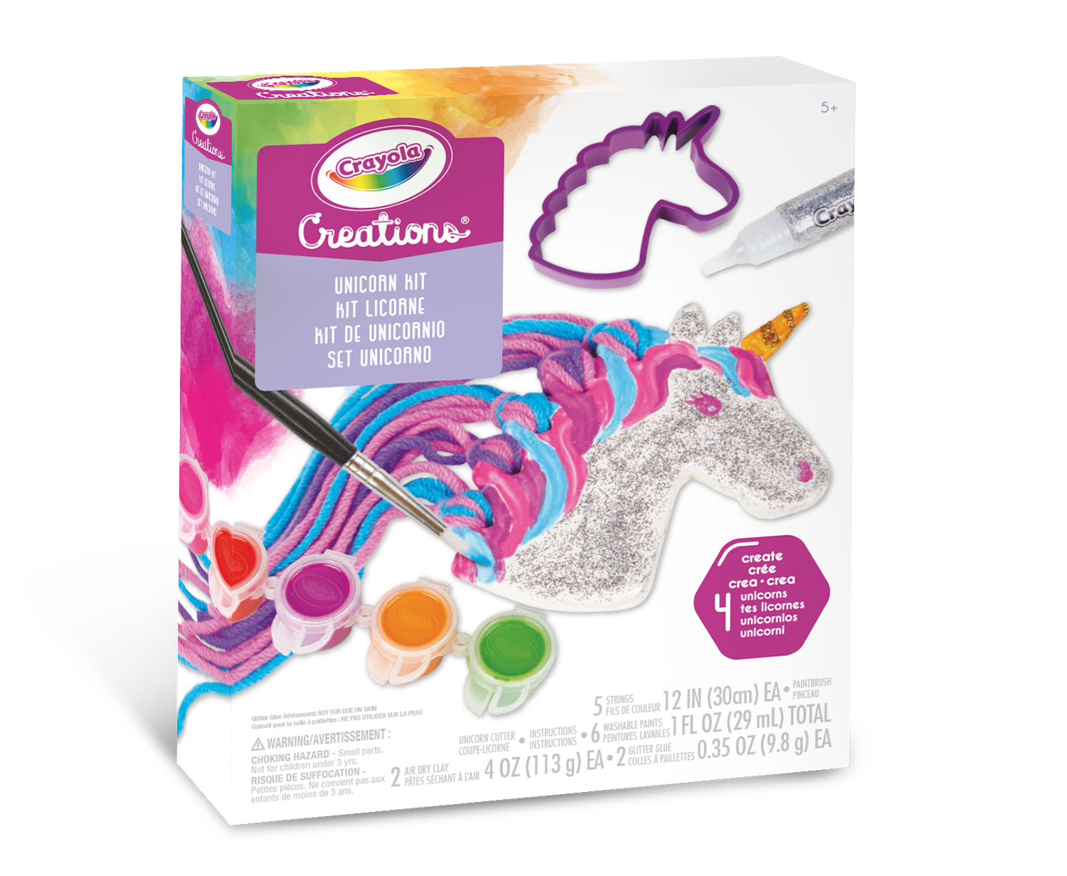 Kit unicorno Crayola Creations con colla glitter, filato, colori e taglia-unicorno.