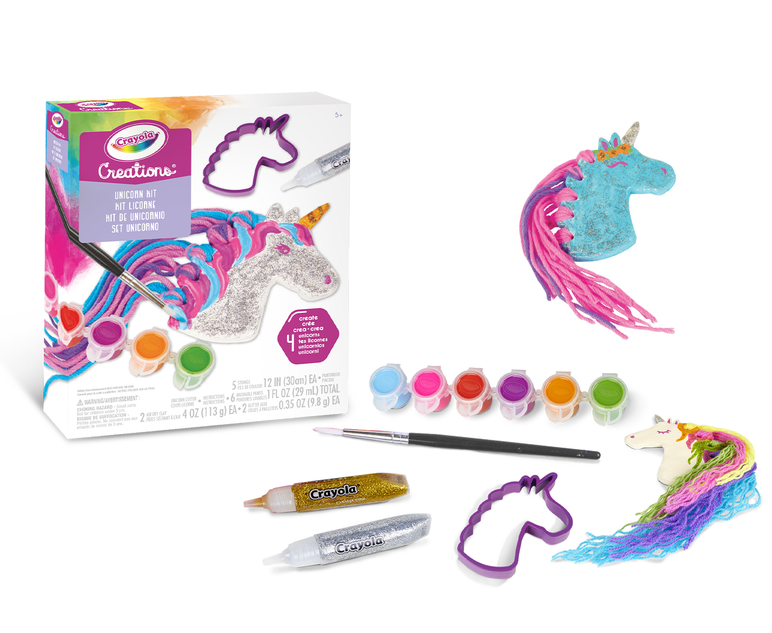 Kit Unicorno Crayola con pittura, colla glitter, spago e stampi unicorno.