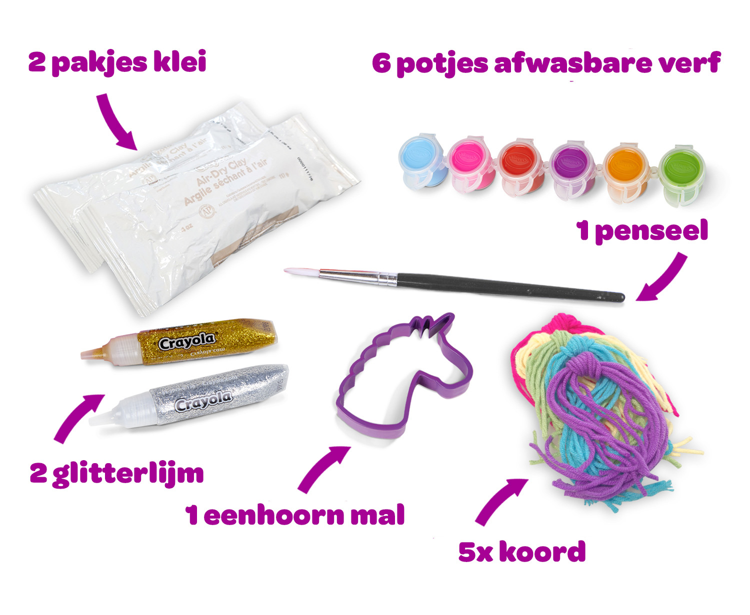 Kit creativo con 2 pacchi di argilla, 6 colori, colla glitterata, stampo unicorno, pennello e filo.