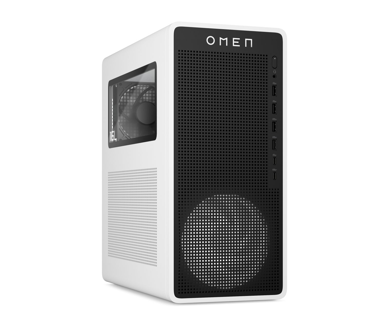 PC desktop OMEN bianco con pannello frontale nero, porte USB e ventola visibile da finestra.