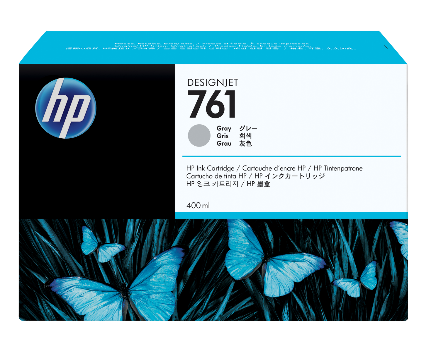 Cartuccia d'inchiostro HP Designjet 761 grigia con farfalle blu su sfondo scuro.
