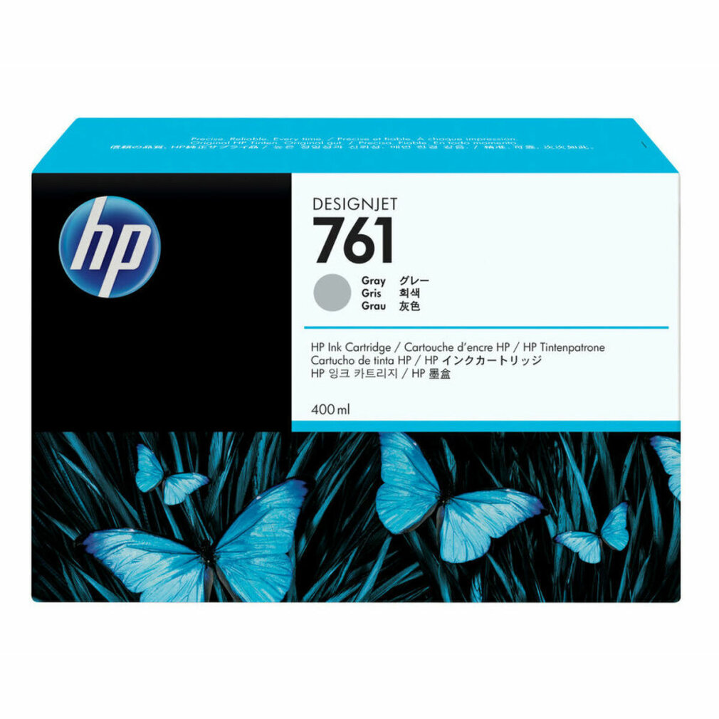 Cartuccia d'inchiostro HP Designjet 761 grigia con farfalle sulla confezione.