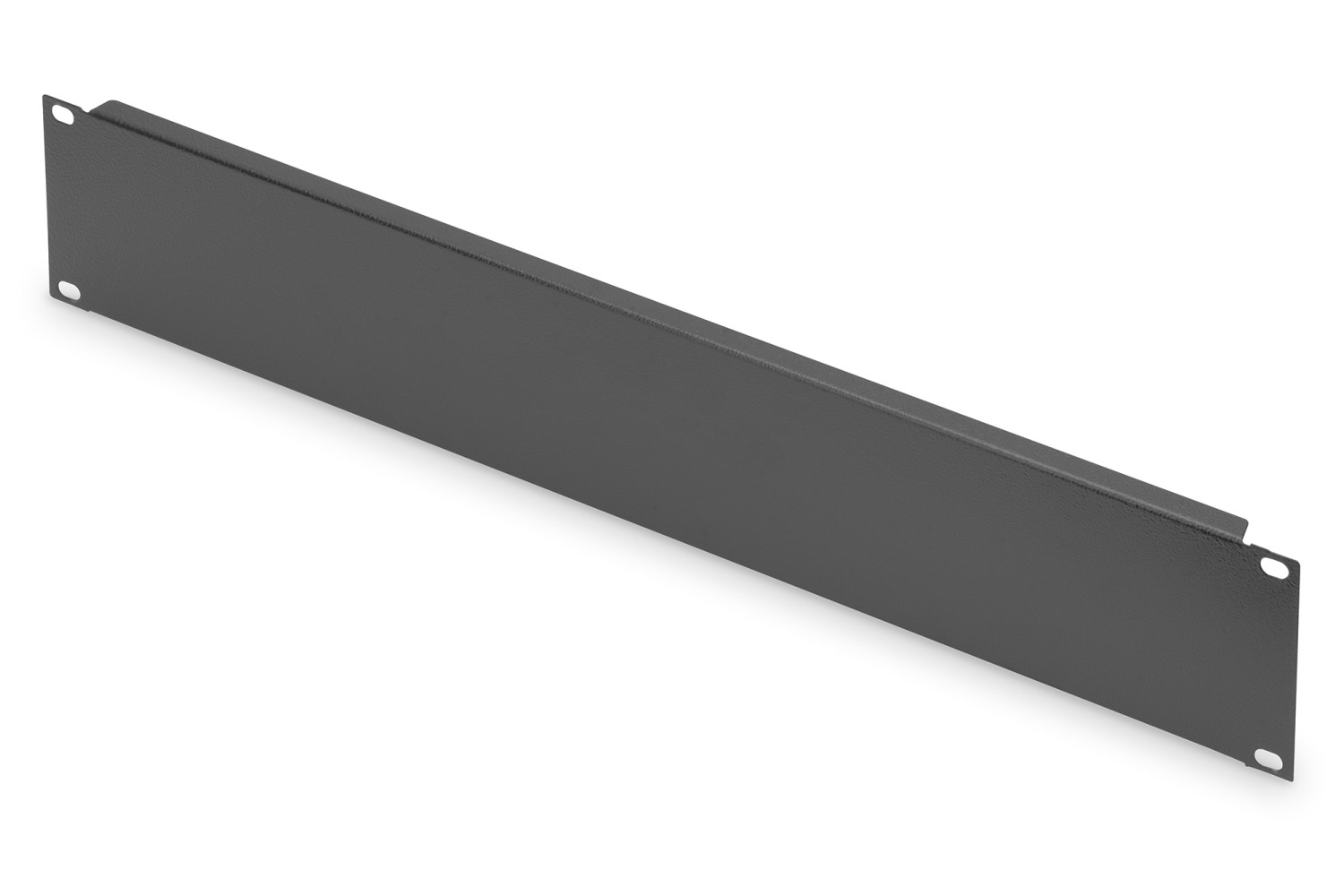 Un pannello rack grigio testurizzato con due fori di montaggio su ciascuna estremità.