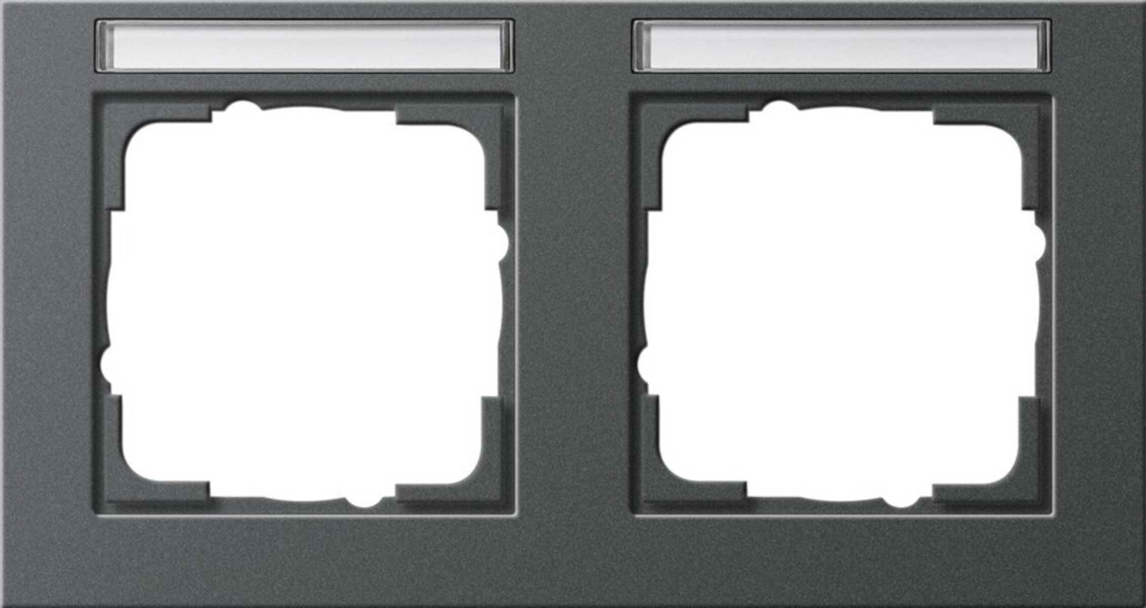 Una cornice doppia per interruttore grigio scuro con inserti bianchi in alto.