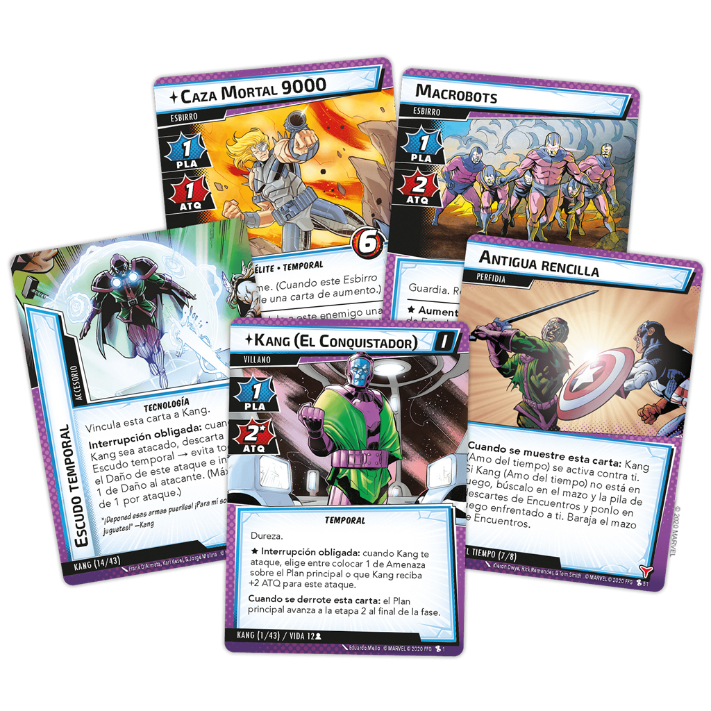 Carte Marvel: Kang il Conquistatore, Macro Bot, Scudo Temporale, Cacciatore e Antica Alleanza.