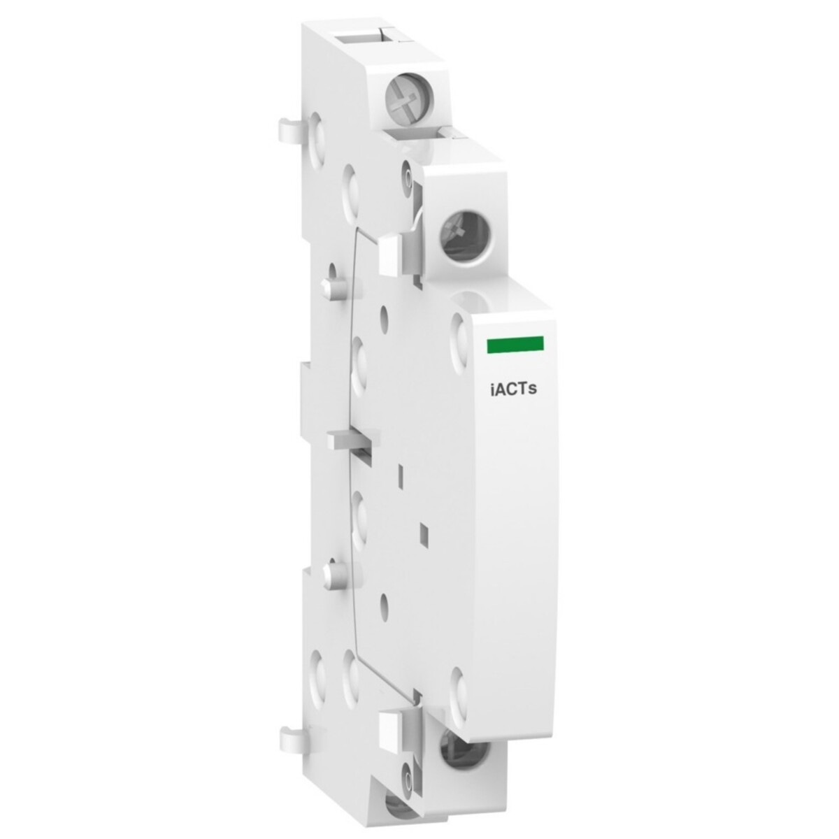 Componente elettrico modulare bianco con spia verde ed etichetta "iACTs".