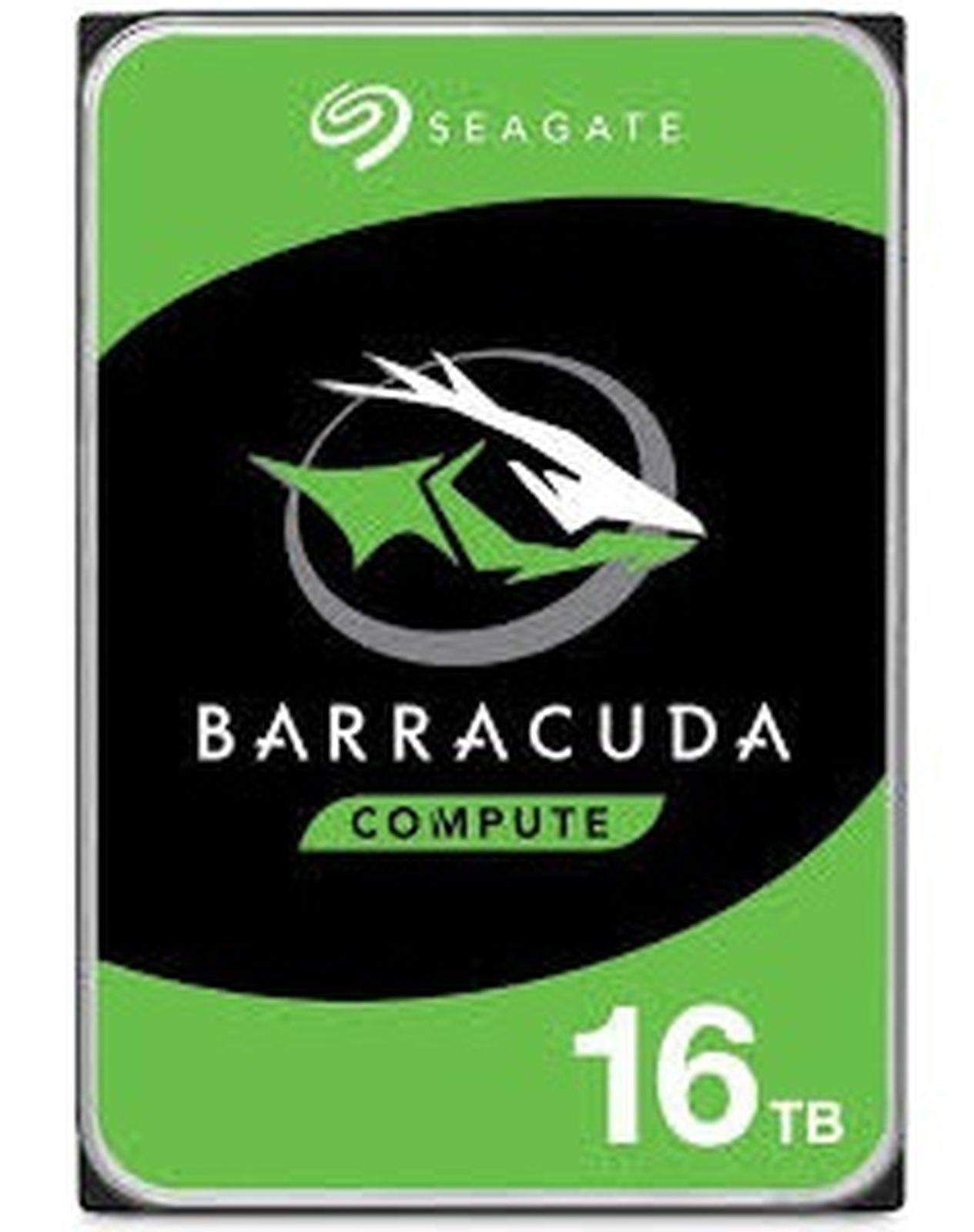 Hard disk interno Seagate Barracuda da 16TB con design verde e nero.