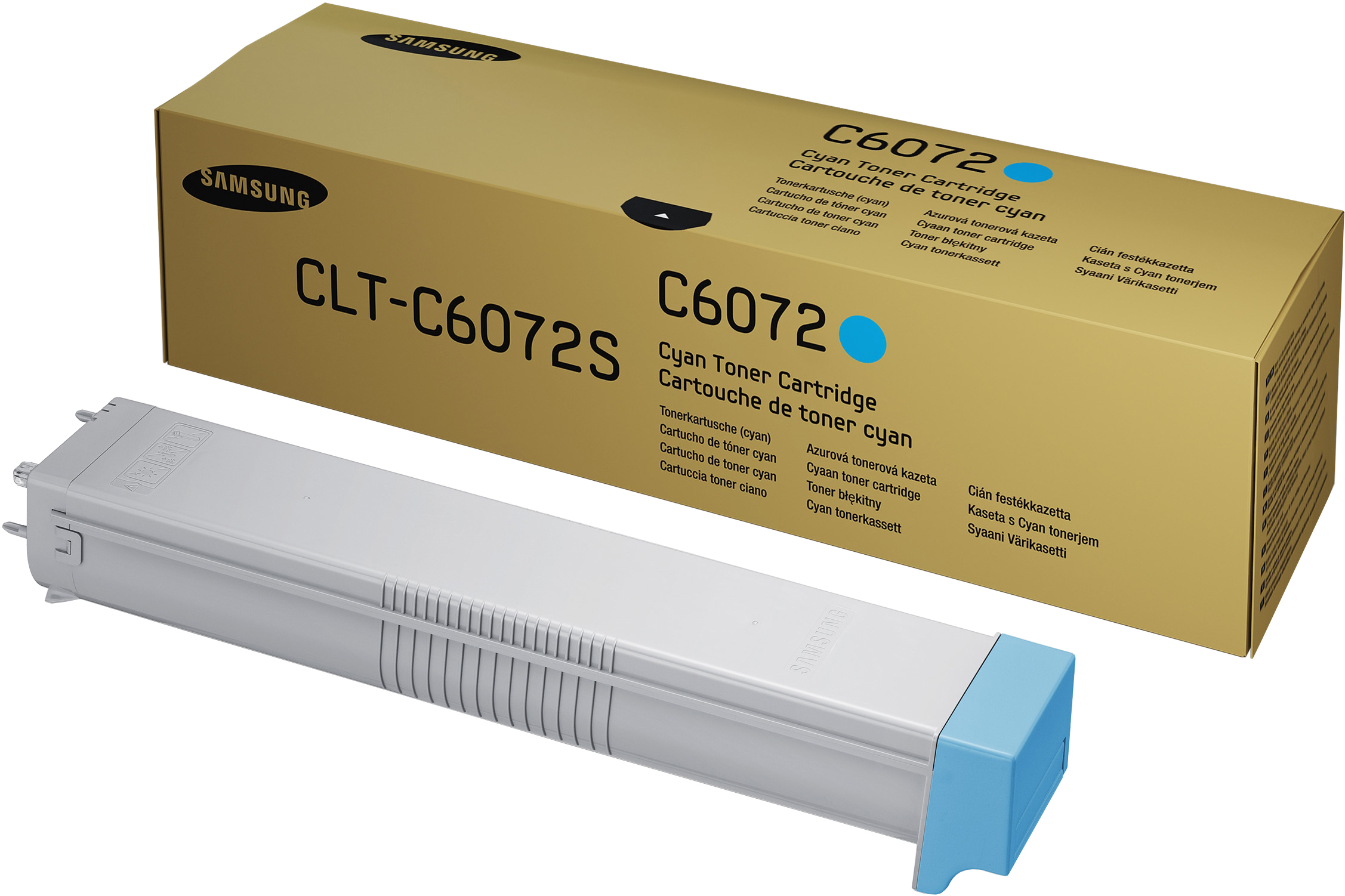 Una cartuccia toner Samsung ciano e la sua scatola.