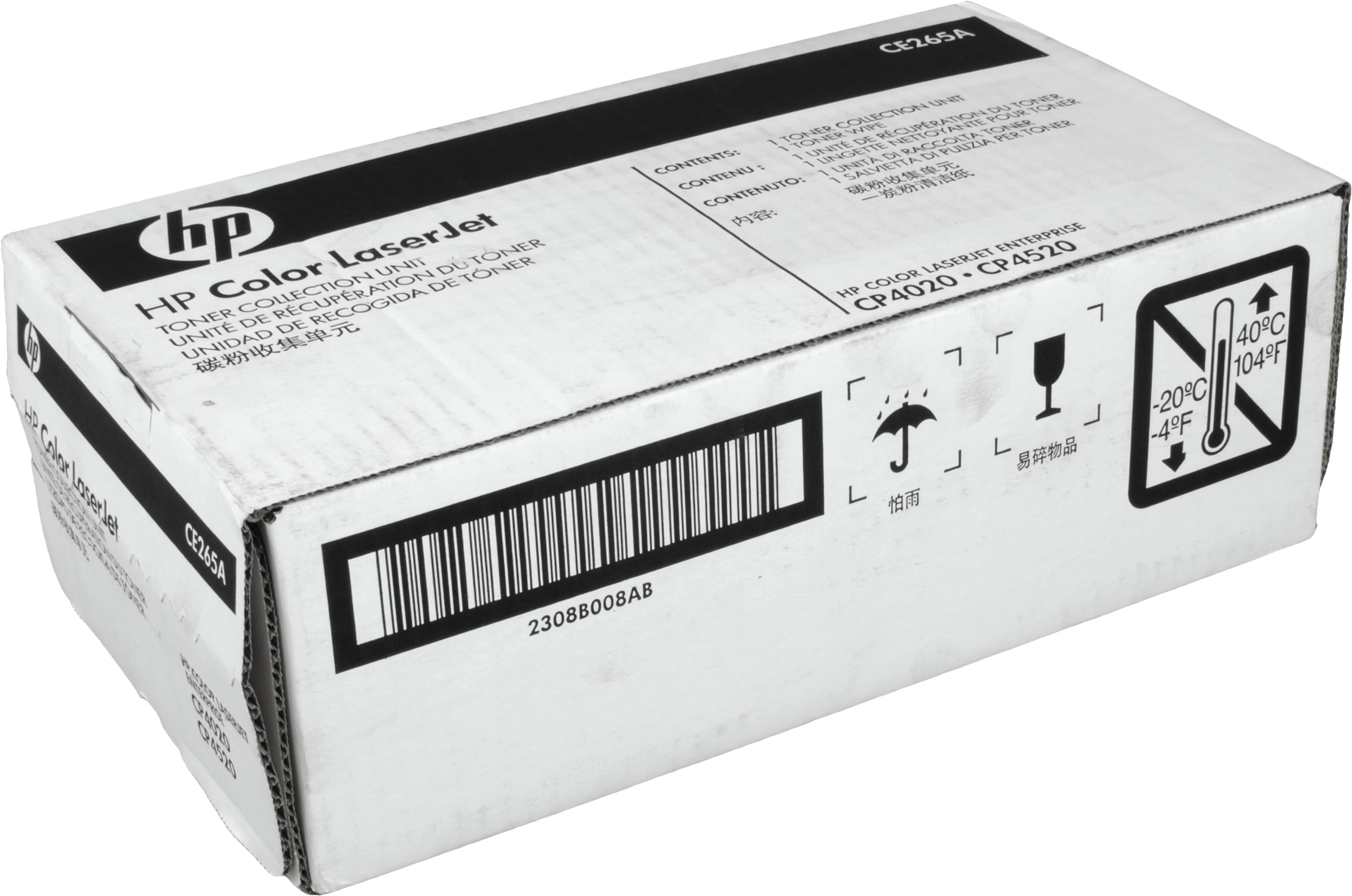 Scatola toner HP Color LaserJet CE265A con codice a barre e simboli di avviso.