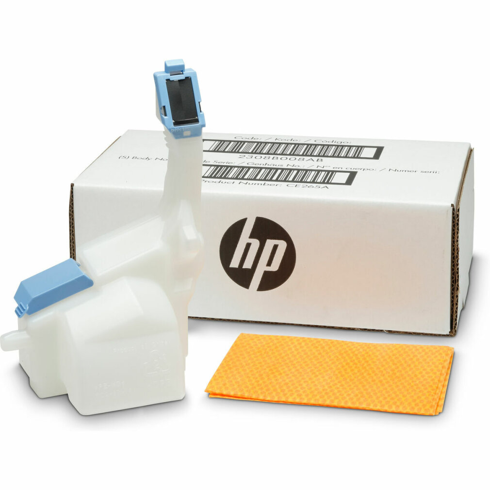 Scatola cartuccia inchiostro HP bianca con logo HP, cartuccia plastica bianca e panno arancione.