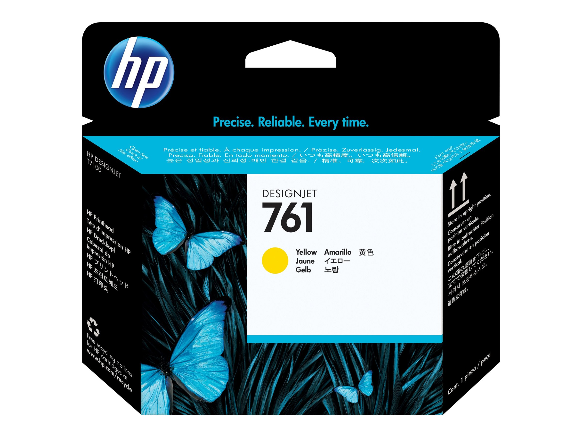 Cartuccia d'inchiostro HP Designjet 761 gialla con farfalle blu e logo HP.