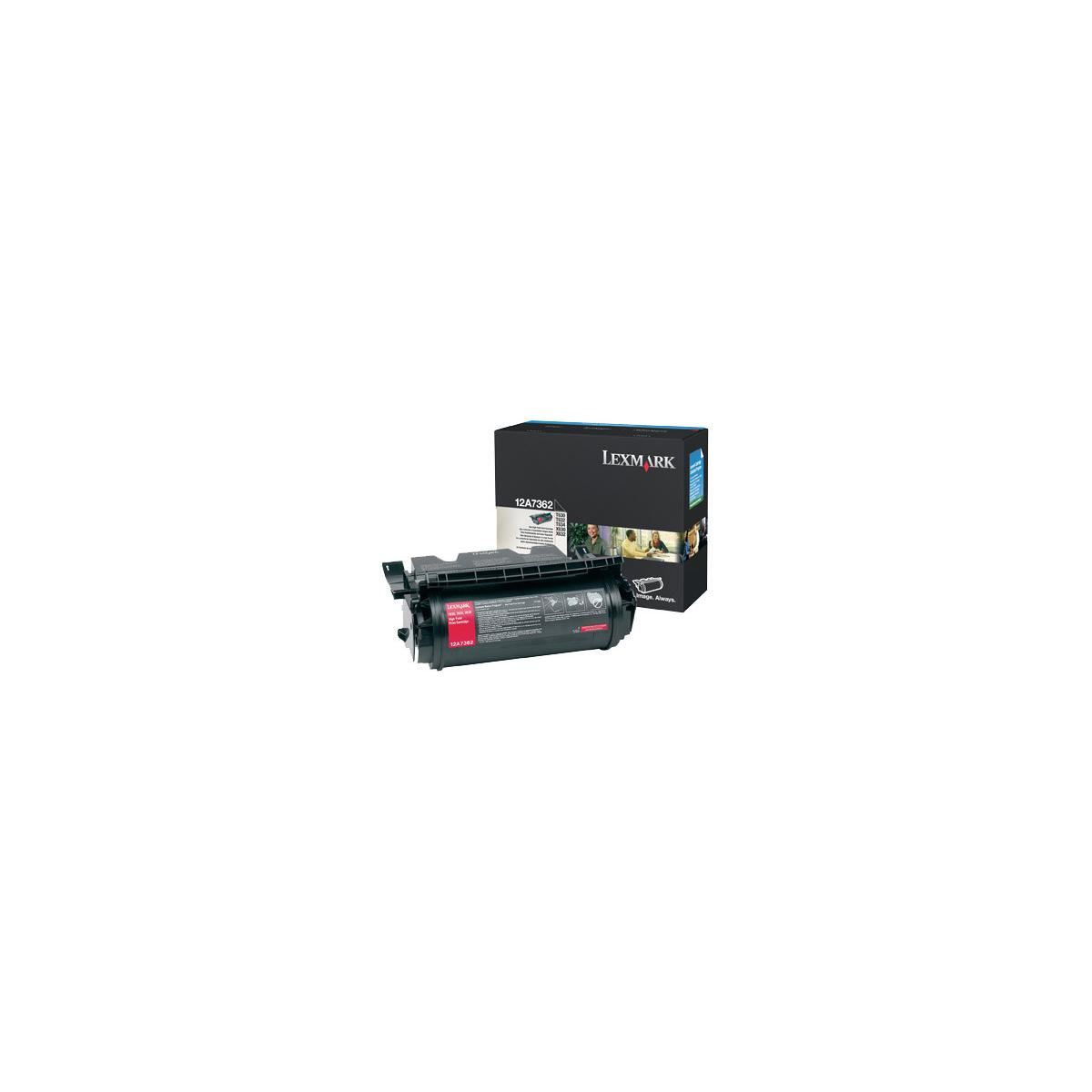 Cartuccia toner nero Lexmark 12A7362 e la sua scatola sono esposte su sfondo bianco.