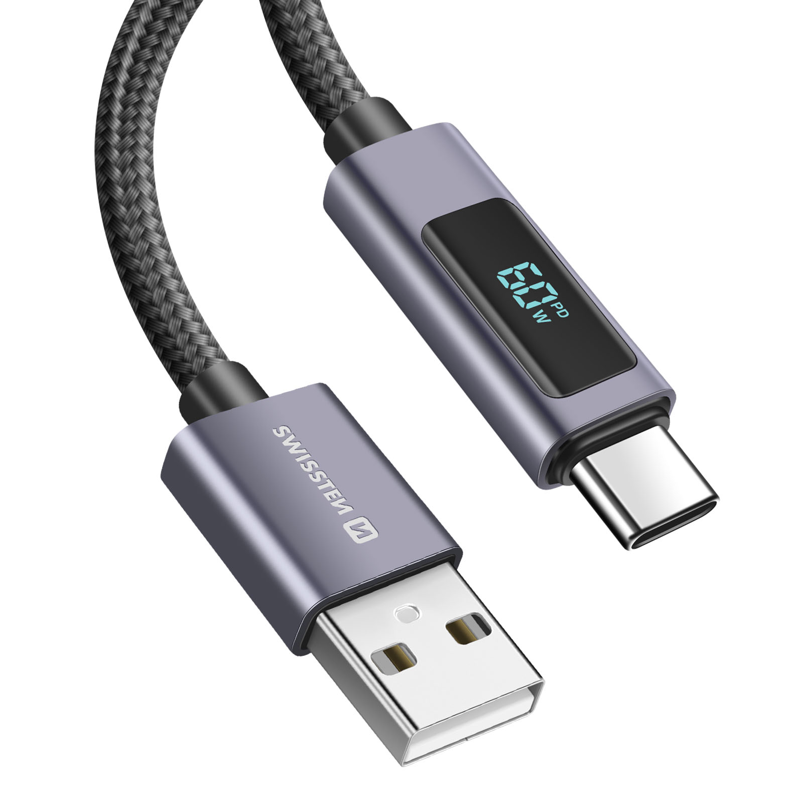 Un cavo USB-C grigio intrecciato con display digitale che mostra 60W PD.